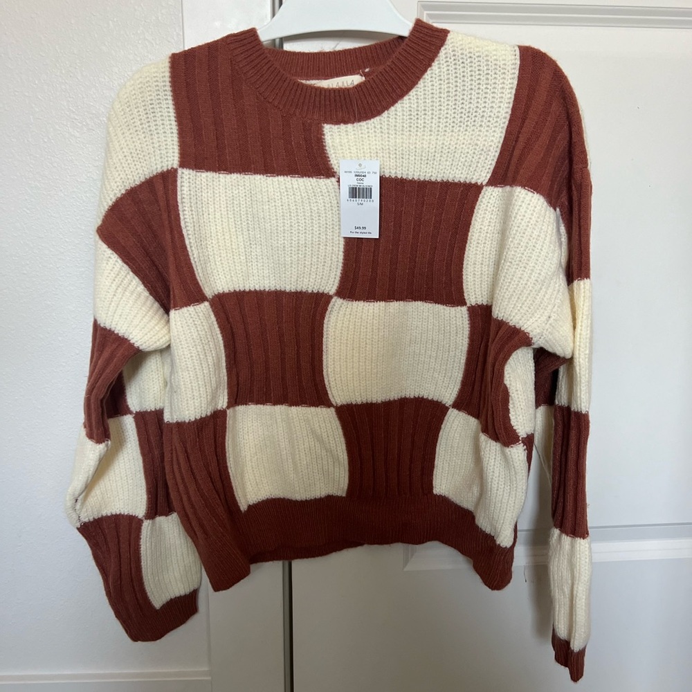 Chunky Knit Crew Neck Sweater in Cream and Brown
